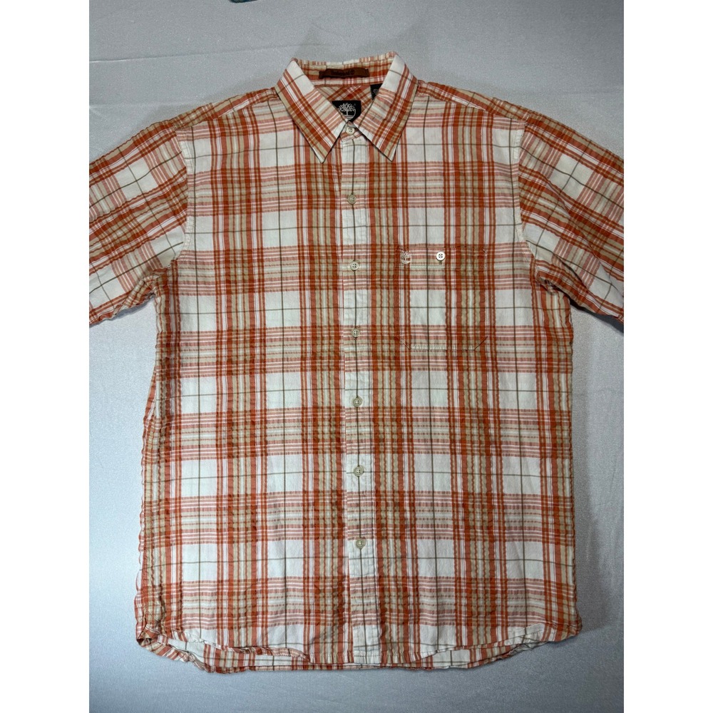 Timberland Mens Medium Short Sleeve Plaid Button Down Shirt Orange Cotton Blend